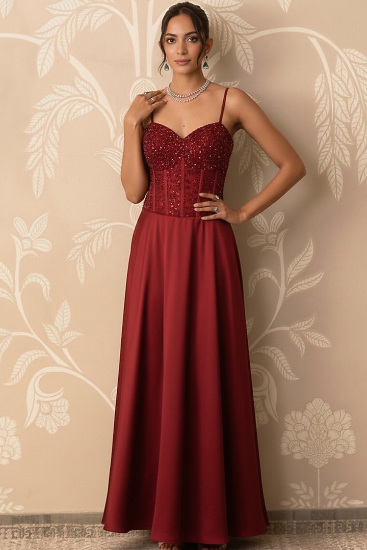 Crimson Red Satin Hand Embellished Engagement Gown by Two Sisters By Gyans at Pernia's Pop Up Shop