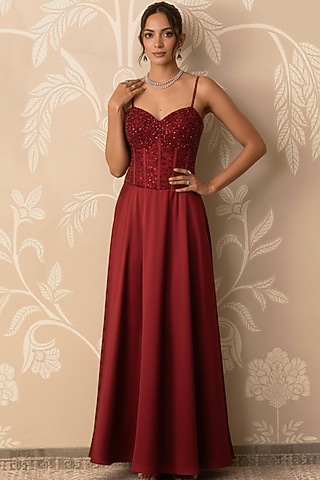 Crimson Red Satin Hand Embellished Gown by Two Sisters By Gyans