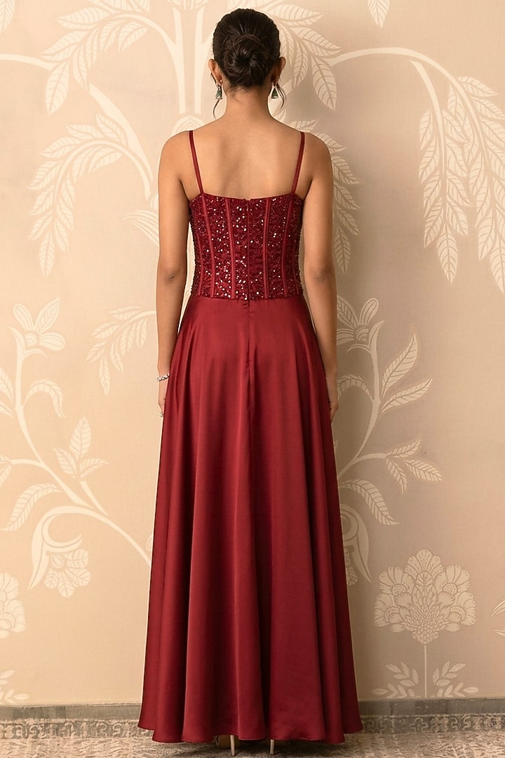 Crimson Red Satin Hand Embellished Engagement Gown by Two Sisters By Gyans at Pernia's Pop Up Shop