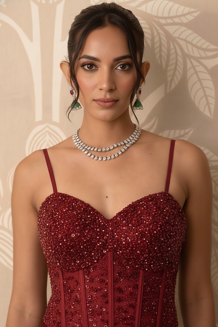 Crimson Red Satin Hand Embellished Engagement Gown by Two Sisters By Gyans at Pernia's Pop Up Shop