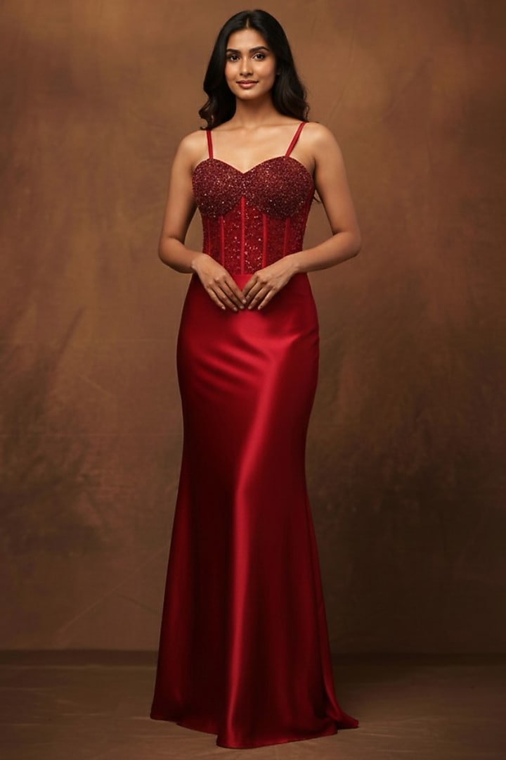 Crimson Red Satin Hand Embellished Engagement Gown by Two Sisters By Gyans at Pernia's Pop Up Shop