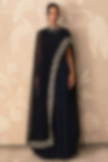 Black Premium Georgette Party Wear Gown With Cape by Two Sisters By Gyans at Pernia's Pop Up Shop