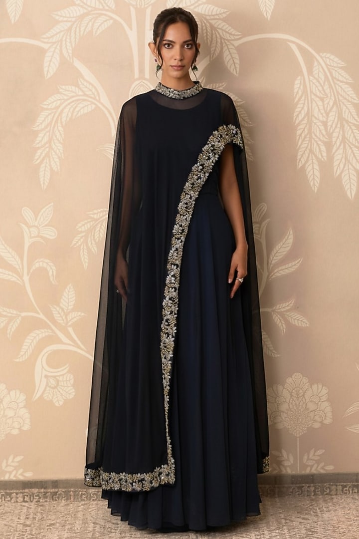 Black Premium Georgette Party Wear Gown With Cape by Two Sisters By Gyans at Pernia's Pop Up Shop