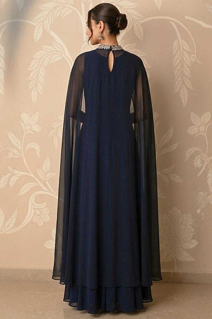Black Premium Georgette Engagement Gown With Cape by Two Sisters By Gyans at Pernia's Pop Up Shop
