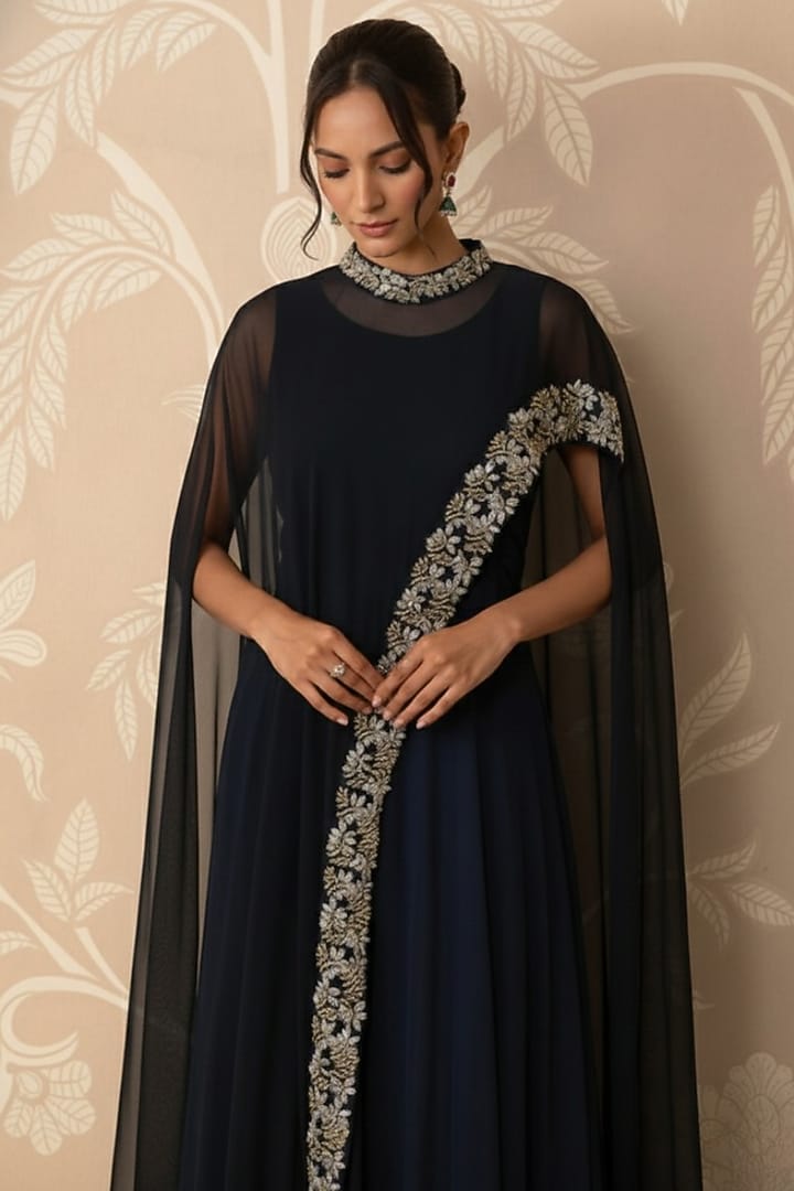 Black Premium Georgette Engagement Gown With Cape by Two Sisters By Gyans at Pernia's Pop Up Shop
