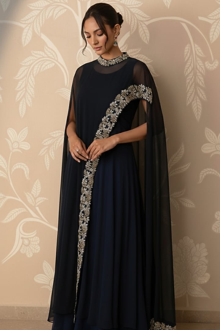 Black Premium Georgette Engagement Gown With Cape by Two Sisters By Gyans at Pernia's Pop Up Shop