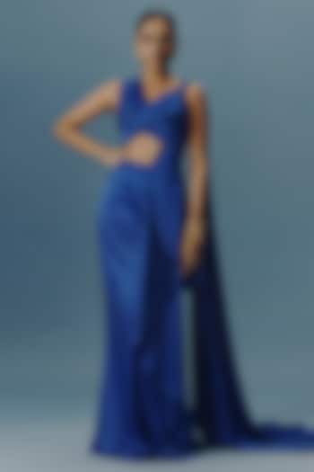 Blue Premium Satin Silk Pre-Draped Wedding Saree Set by Two Sisters By Gyans at Pernia's Pop Up Shop