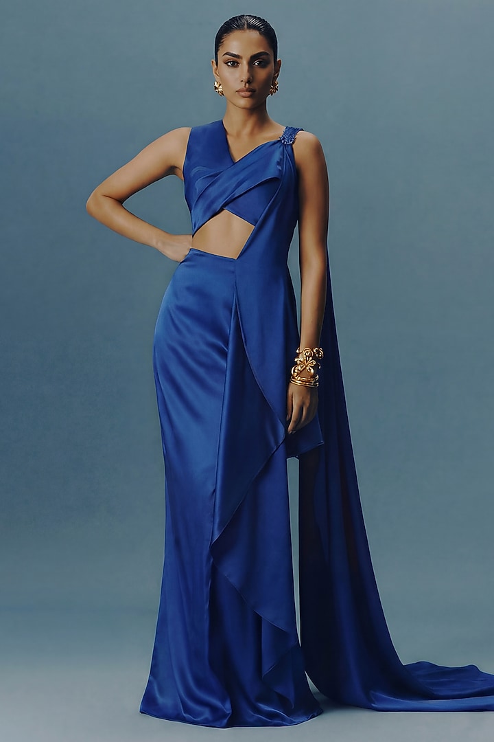 Blue Premium Satin Silk Pre-Draped Wedding Saree Set by Two Sisters By Gyans at Pernia's Pop Up Shop