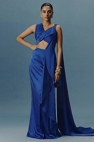 Blue Premium Satin Silk Pre-Draped Saree Set by Two Sisters By Gyans