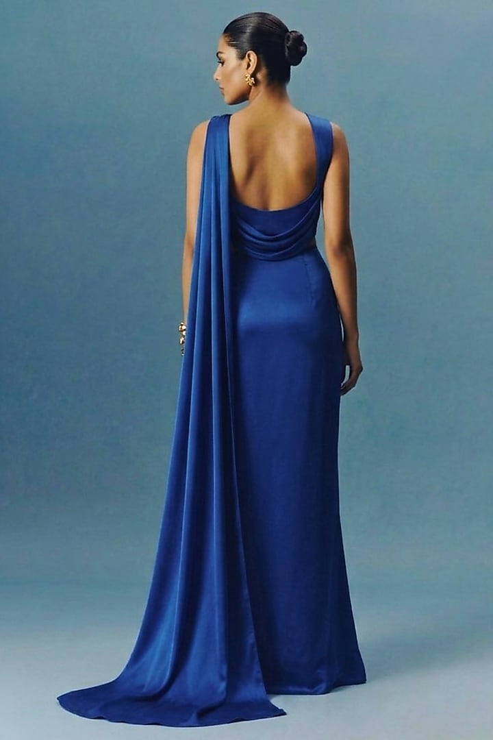 Blue Premium Satin Silk Pre-Draped Wedding Saree Set by Two Sisters By Gyans at Pernia's Pop Up Shop