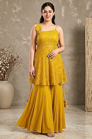 georgette peplum dress White Georgette Peplum Kurta Sharara Set With Beads And Sequins