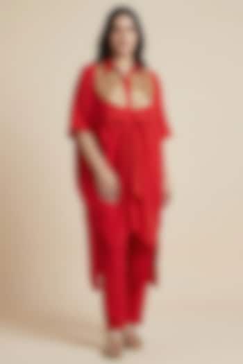 Red Premium Silk Kaftan-Style Kurta Set by Two Sisters By Gyans at Pernia's Pop Up Shop