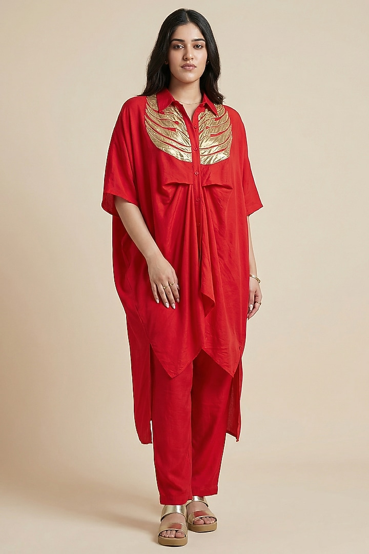 Red Premium Silk Kaftan-Style Kurta Set by Two Sisters By Gyans at Pernia's Pop Up Shop
