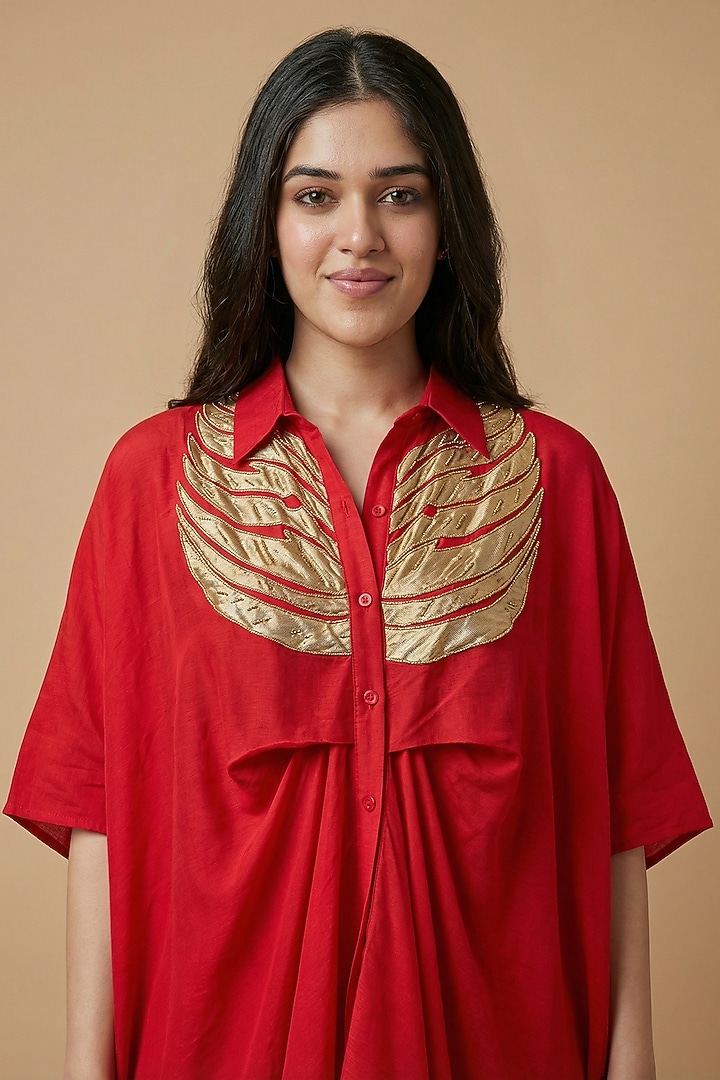 Red Premium Silk Kaftan-Style Kurta Set by Two Sisters By Gyans at Pernia's Pop Up Shop