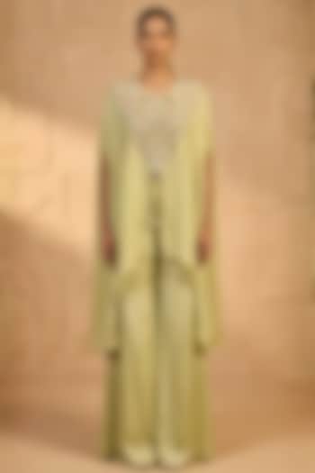 Green Chiffon Floral Embellished Cape Set by Two Sisters By Gyans at Pernia's Pop Up Shop