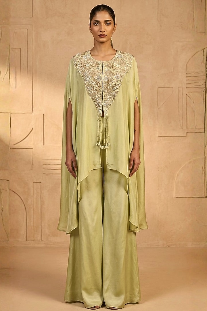 Green Chiffon Floral Embellished Cape Set by Two Sisters By Gyans at Pernia's Pop Up Shop