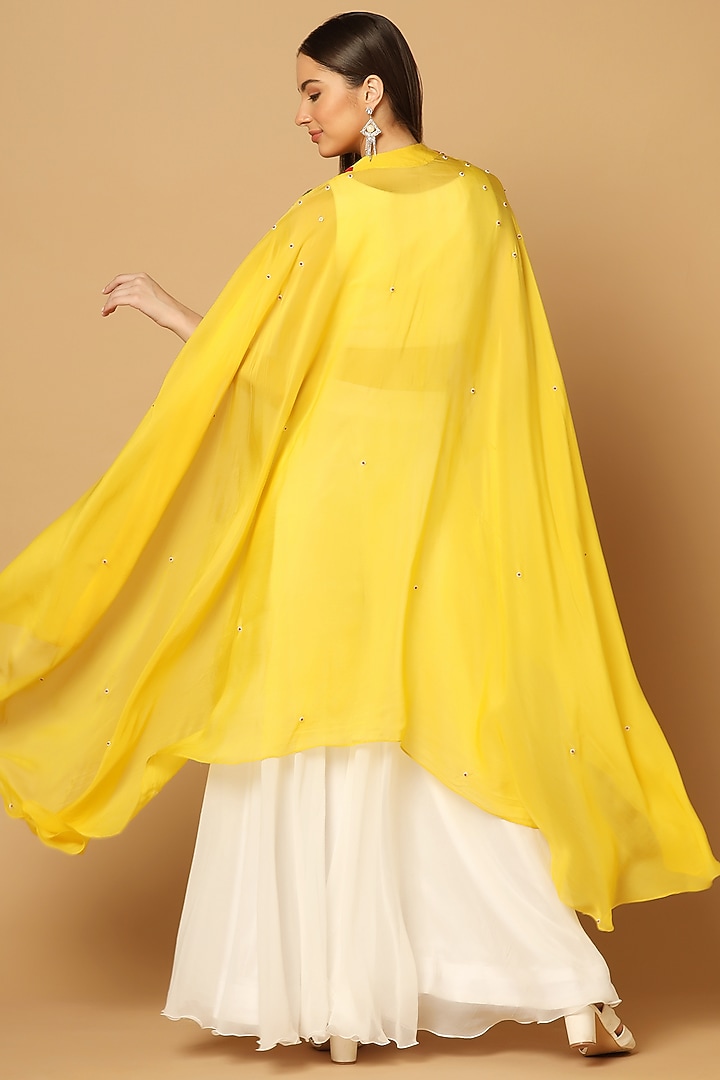 Yellow Silk Georgette Embellished Cape Set by Two Sisters By Gyans at Pernia's Pop Up Shop