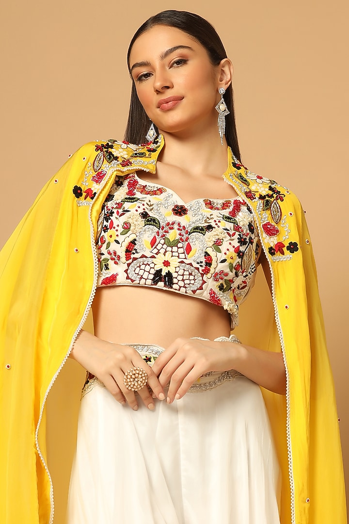 Yellow Silk Georgette Embellished Cape Set by Two Sisters By Gyans at Pernia's Pop Up Shop