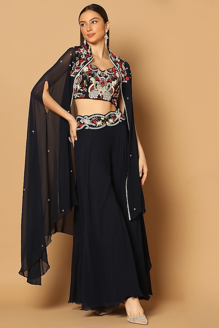 Navy Blue Silk Georgette Embellished Cape Set by Two Sisters By Gyans at Pernia's Pop Up Shop