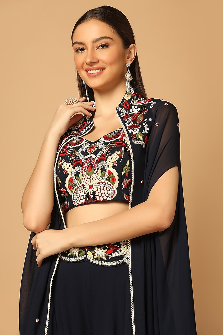 Navy Blue Silk Georgette Embellished Cape Set by Two Sisters By Gyans at Pernia's Pop Up Shop