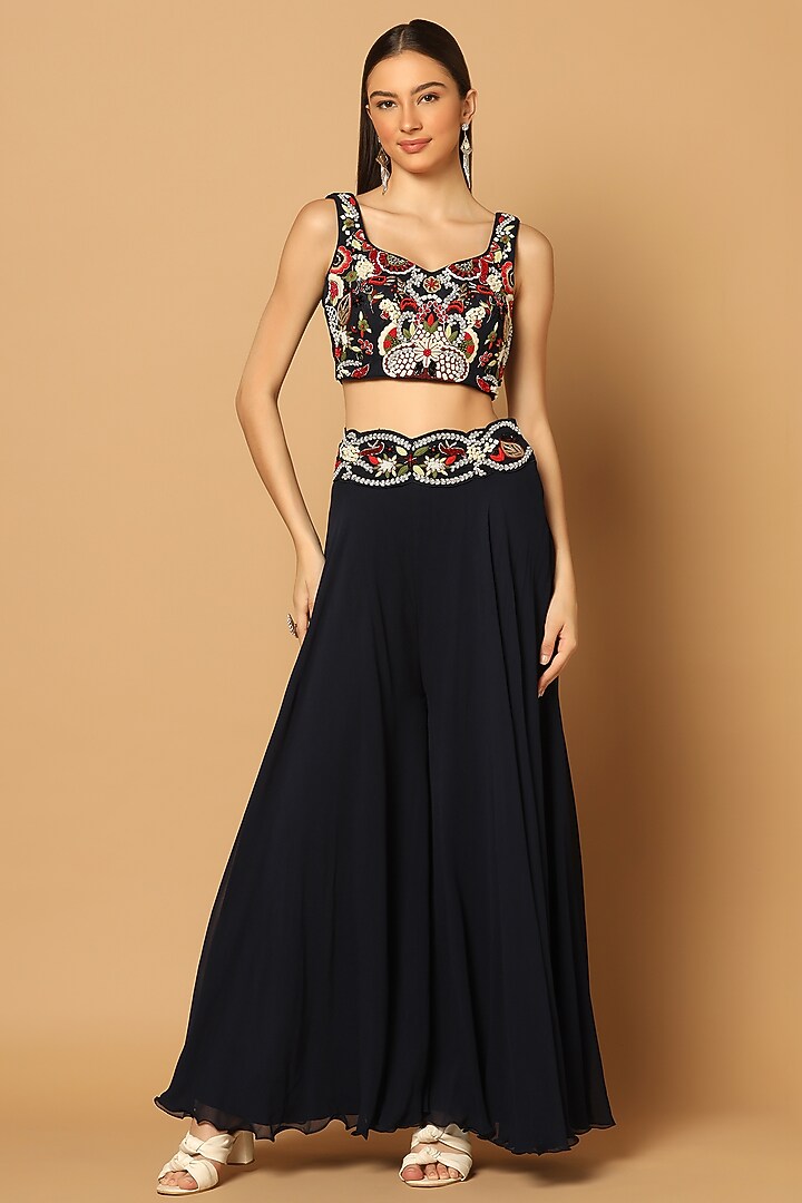 Navy Blue Silk Georgette Embellished Cape Set by Two Sisters By Gyans at Pernia's Pop Up Shop