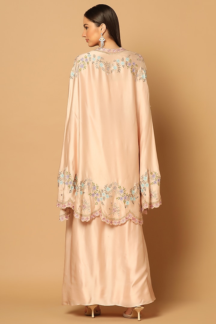 Peach Satin Hand Embroidered Cape Set by Two Sisters By Gyans at Pernia's Pop Up Shop