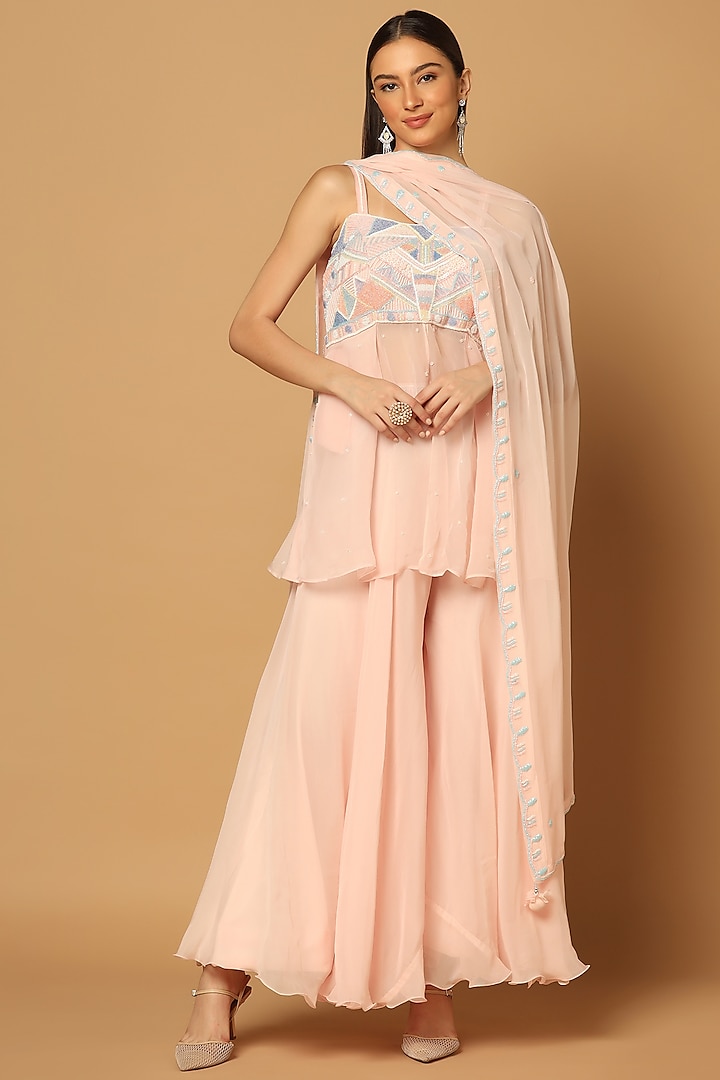 Baby Pink Silk Georgette Sharara Set by Two Sisters By Gyans