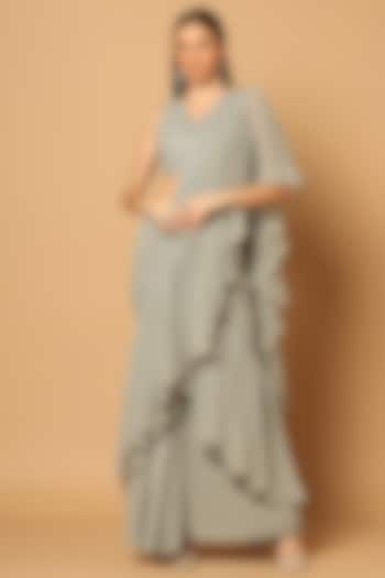 Grey Georgette Hand Embroidered Pre-Draped Ruffled Saree Set by Two Sisters By Gyans