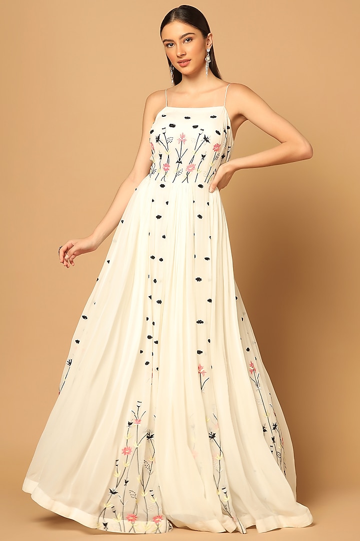 White Georgette Hand Embroidered Gown by Two Sisters By Gyans