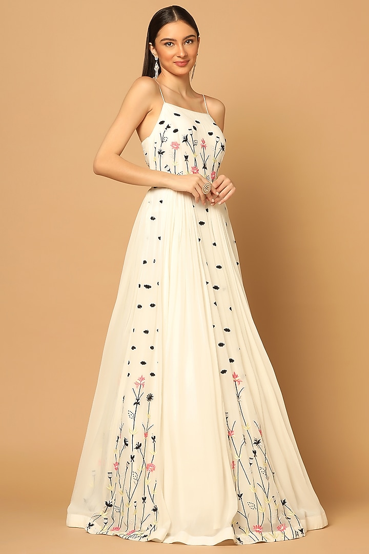 White Georgette Hand Embroidered Engagement Gown by Two Sisters By Gyans at Pernia's Pop Up Shop