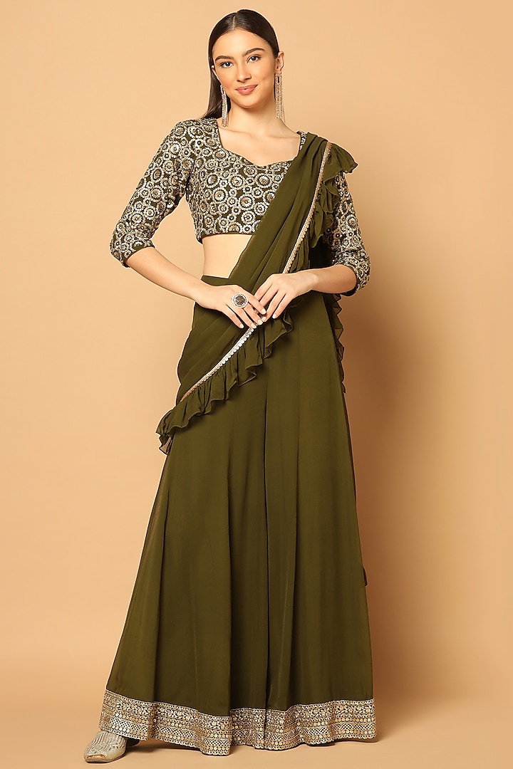 Mehendi Green Georgette Embroidered Pant Saree Set by Two Sisters By Gyans