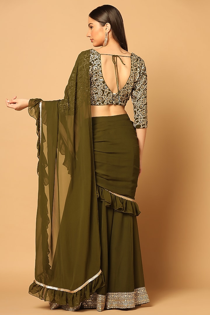 Mehendi Green Georgette Embroidered Pant Wedding Saree Set by Two Sisters By Gyans at Pernia's Pop Up Shop