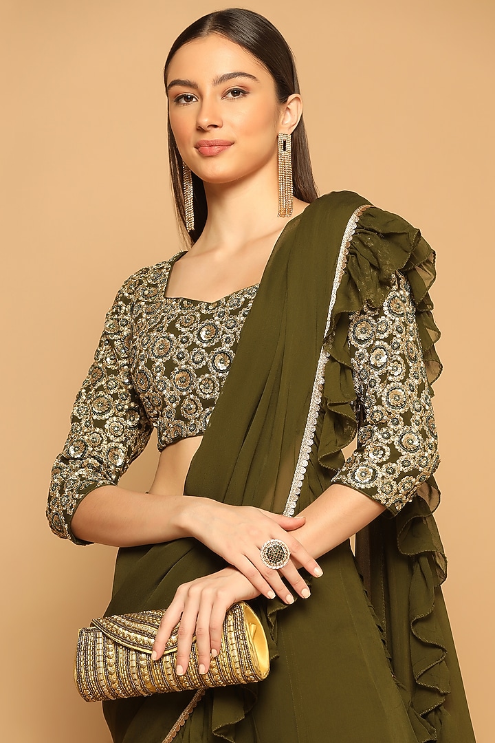 Mehendi Green Georgette Embroidered Pant Wedding Saree Set by Two Sisters By Gyans at Pernia's Pop Up Shop