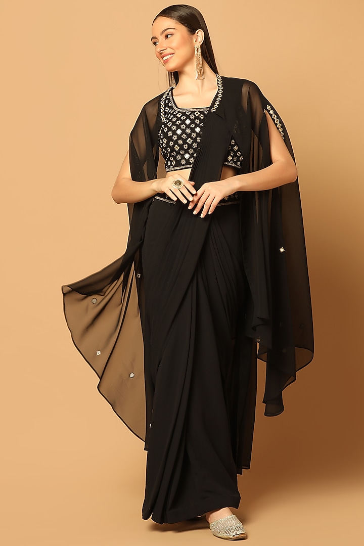 Black Georgette Embroidered Jacket Wedding Saree Set by Two Sisters By Gyans at Pernia's Pop Up Shop