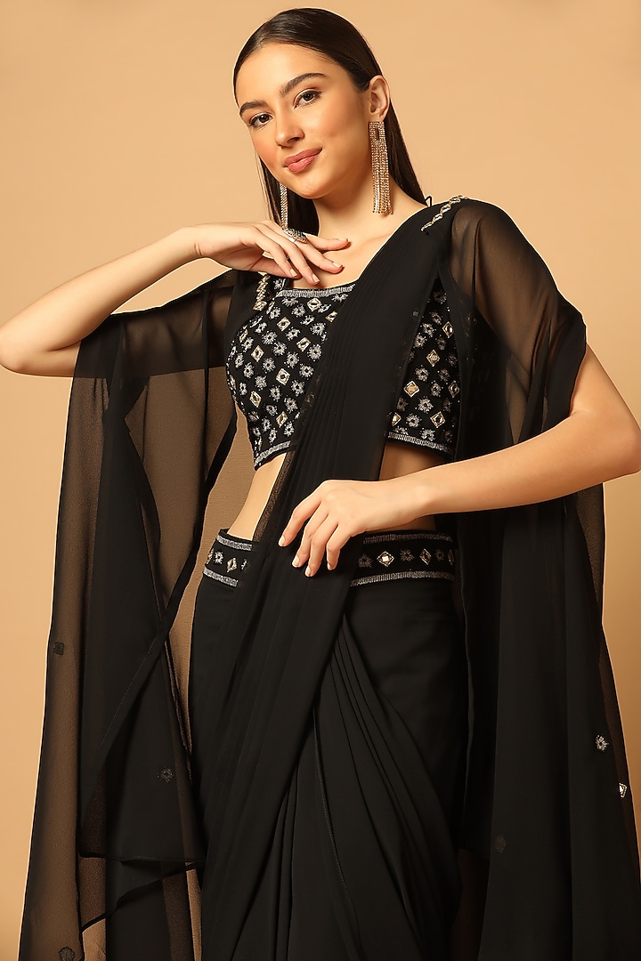Black Georgette Embroidered Jacket Wedding Saree Set by Two Sisters By Gyans at Pernia's Pop Up Shop