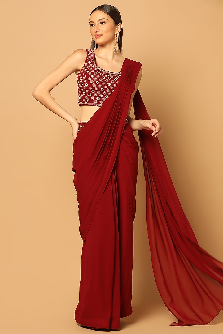 Maroon Georgette Embroidered Jacket Saree Set by Two Sisters By Gyans