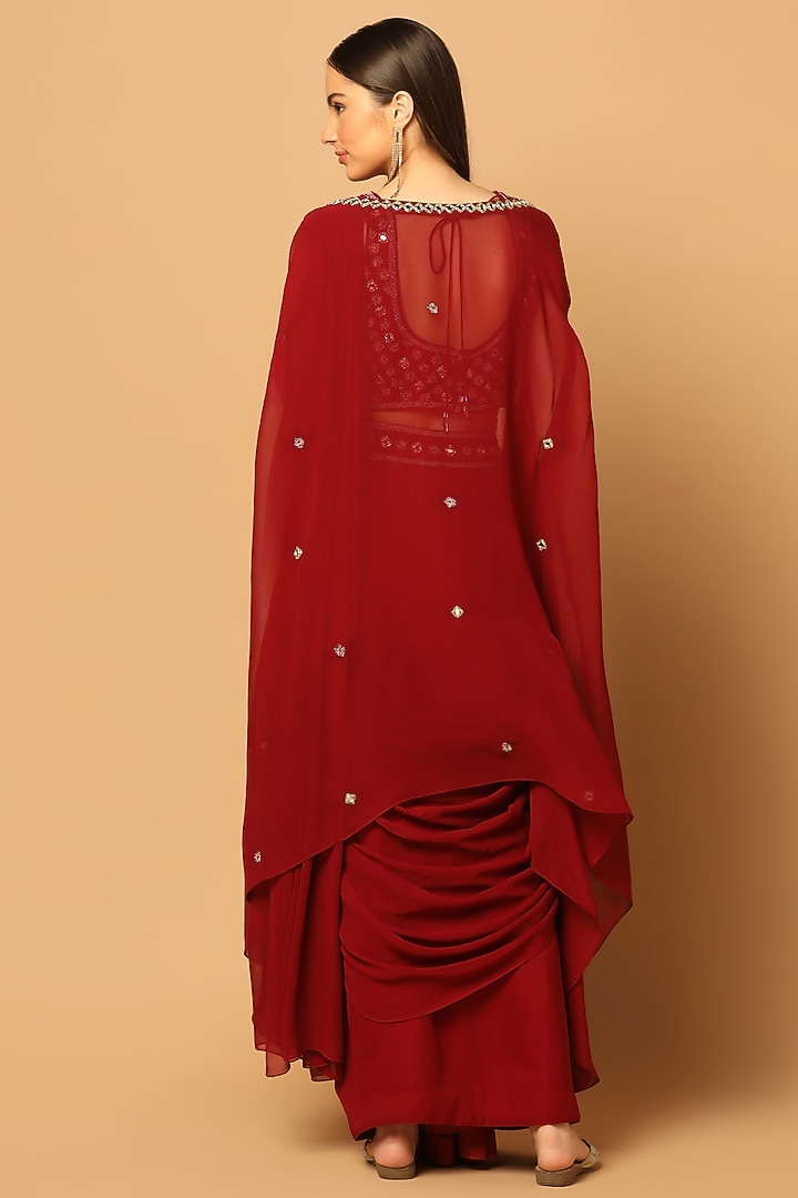 Maroon Georgette Embroidered Jacket Wedding Saree Set by Two Sisters By Gyans at Pernia's Pop Up Shop
