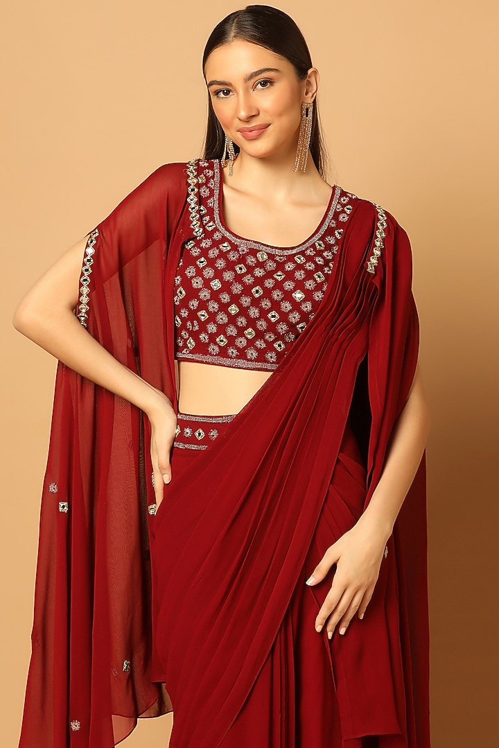 Maroon Georgette Embroidered Jacket Wedding Saree Set by Two Sisters By Gyans at Pernia's Pop Up Shop