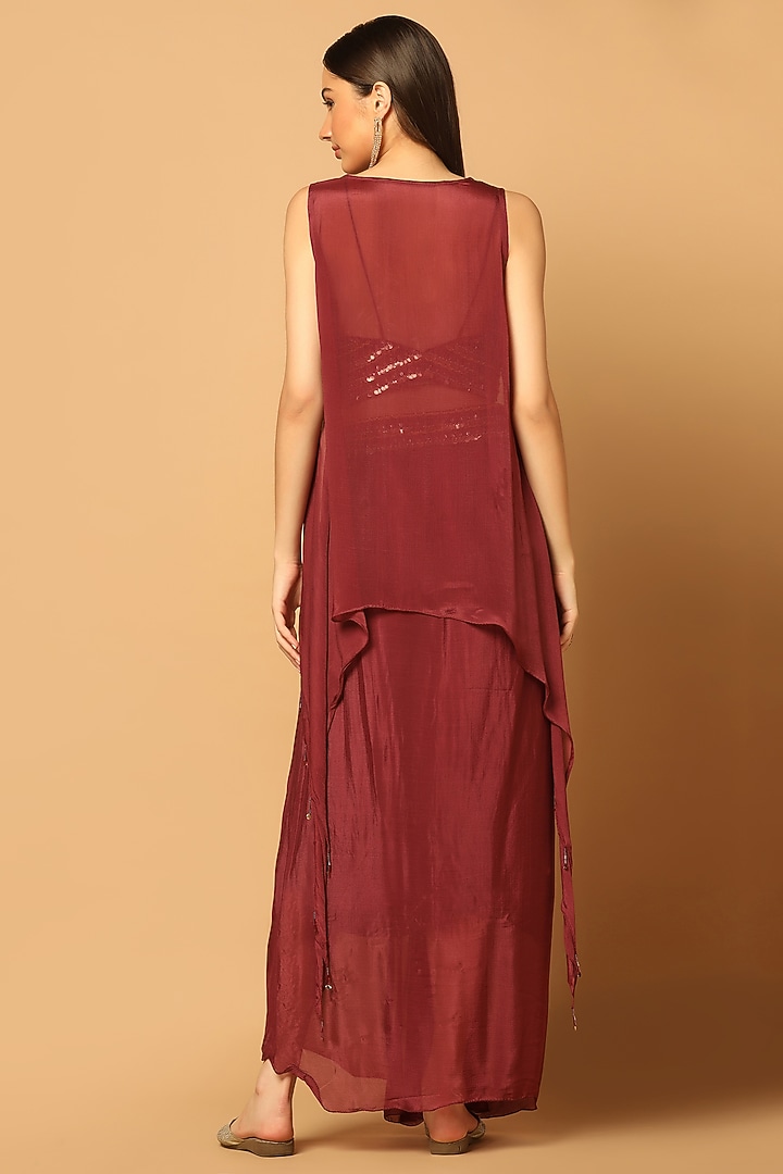 Maroon Chinon Hand Embroidered Skirt Set by Two Sisters By Gyans at Pernia's Pop Up Shop