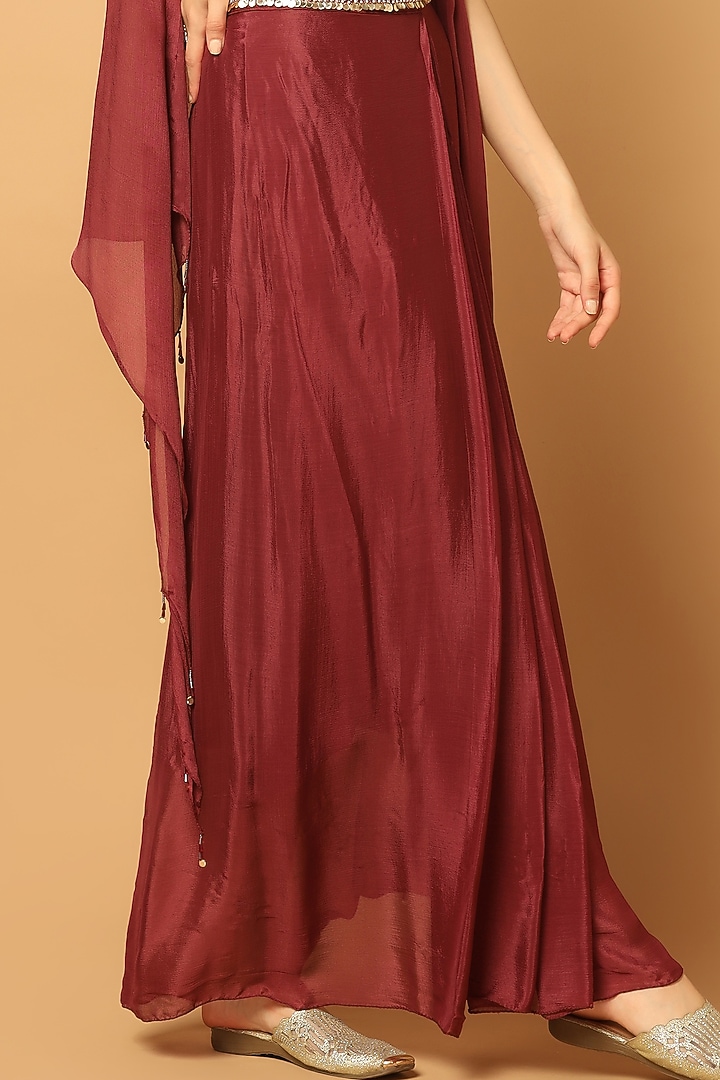 Maroon Chinon Hand Embroidered Skirt Set by Two Sisters By Gyans at Pernia's Pop Up Shop