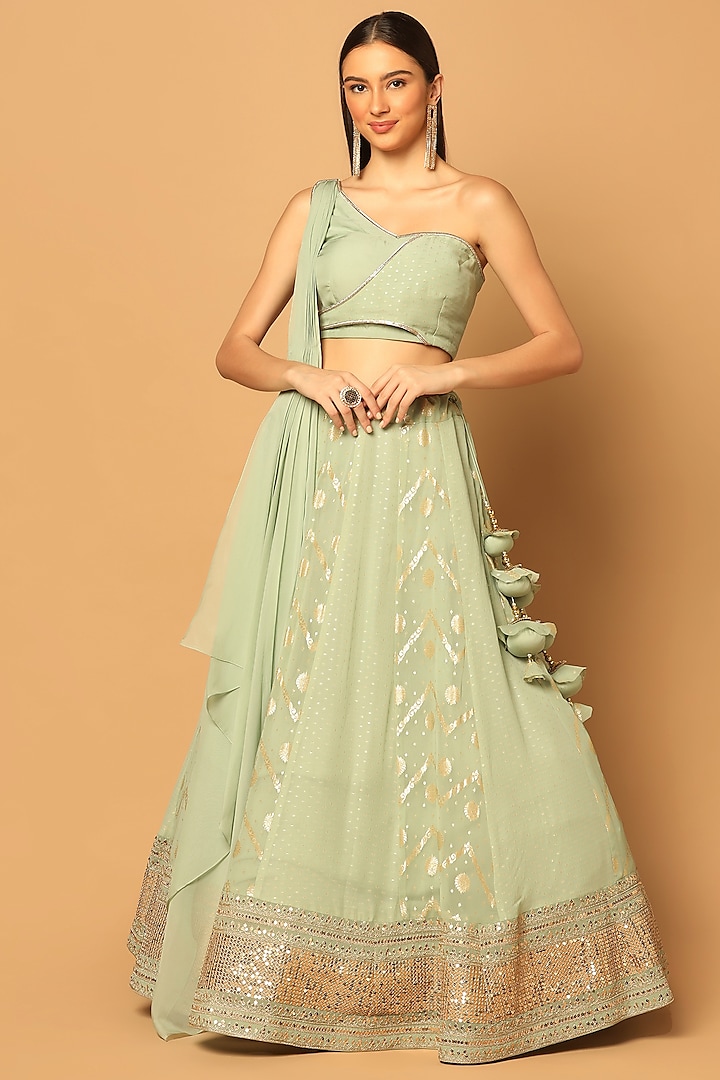 Green Banarasi Georgette Hand Embroidered Lehenga Set by Two Sisters By Gyans