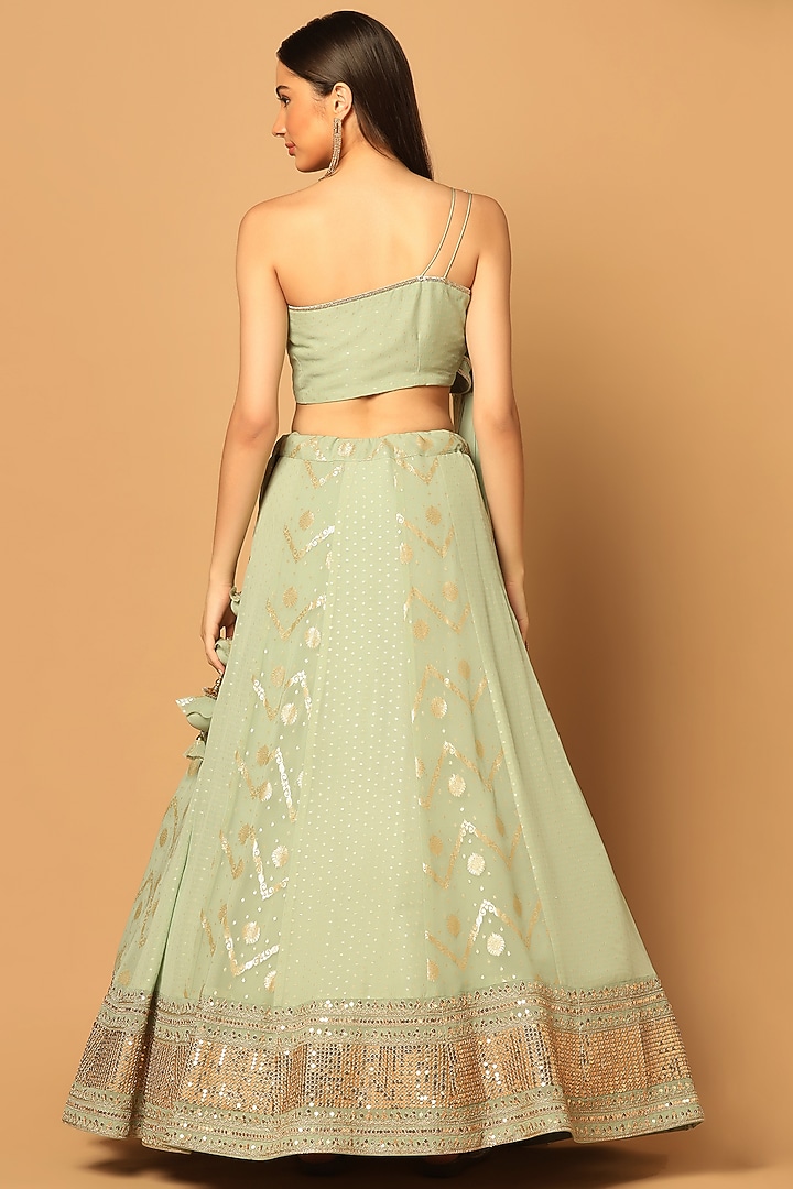 Green Banarasi Georgette Hand Embroidered Wedding Lehenga Set by Two Sisters By Gyans at Pernia's Pop Up Shop