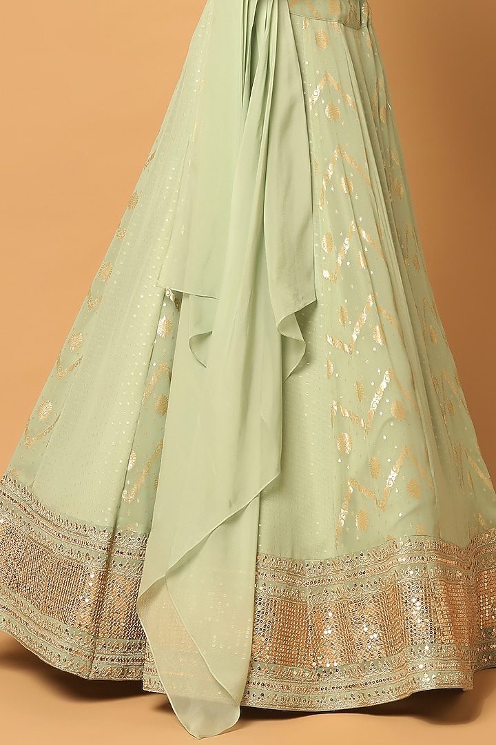 Green Banarasi Georgette Hand Embroidered Wedding Lehenga Set by Two Sisters By Gyans at Pernia's Pop Up Shop
