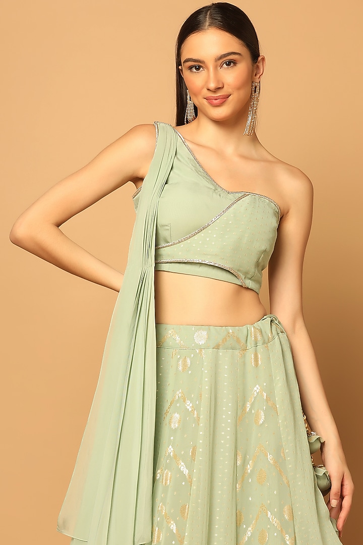 Green Banarasi Georgette Hand Embroidered Wedding Lehenga Set by Two Sisters By Gyans at Pernia's Pop Up Shop