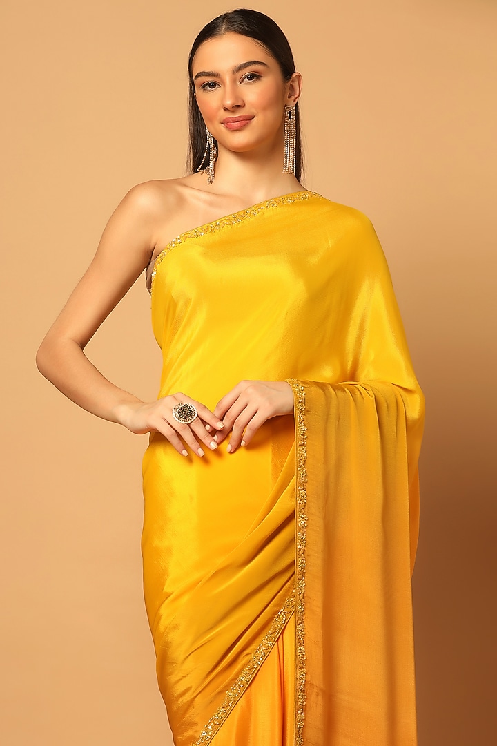 Turmeric Yellow Chinon Hand Embroidered Ombre Wedding Saree Set by Two Sisters By Gyans at Pernia's Pop Up Shop
