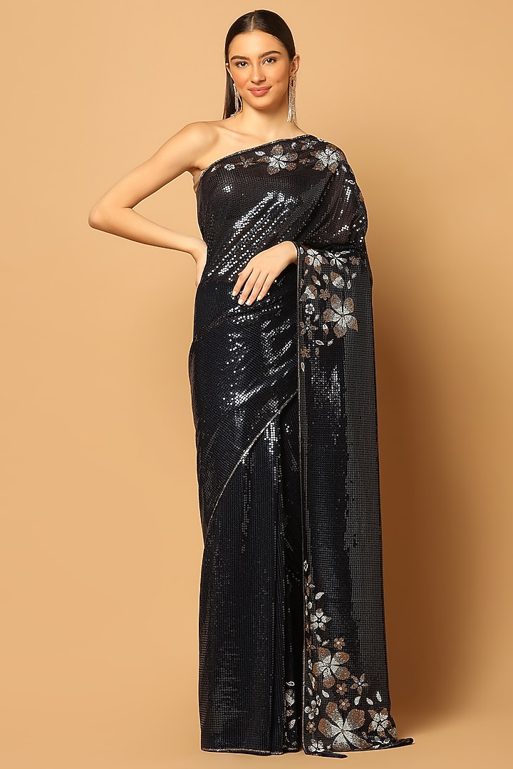 Black Georgette Embroidered Wedding Saree Set by Two Sisters By Gyans at Pernia's Pop Up Shop