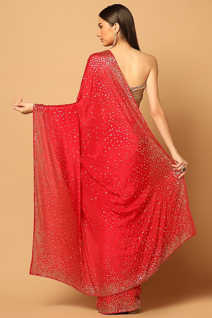 Red Chinon Hand Embroidered Wedding Saree Set by Two Sisters By Gyans at Pernia's Pop Up Shop