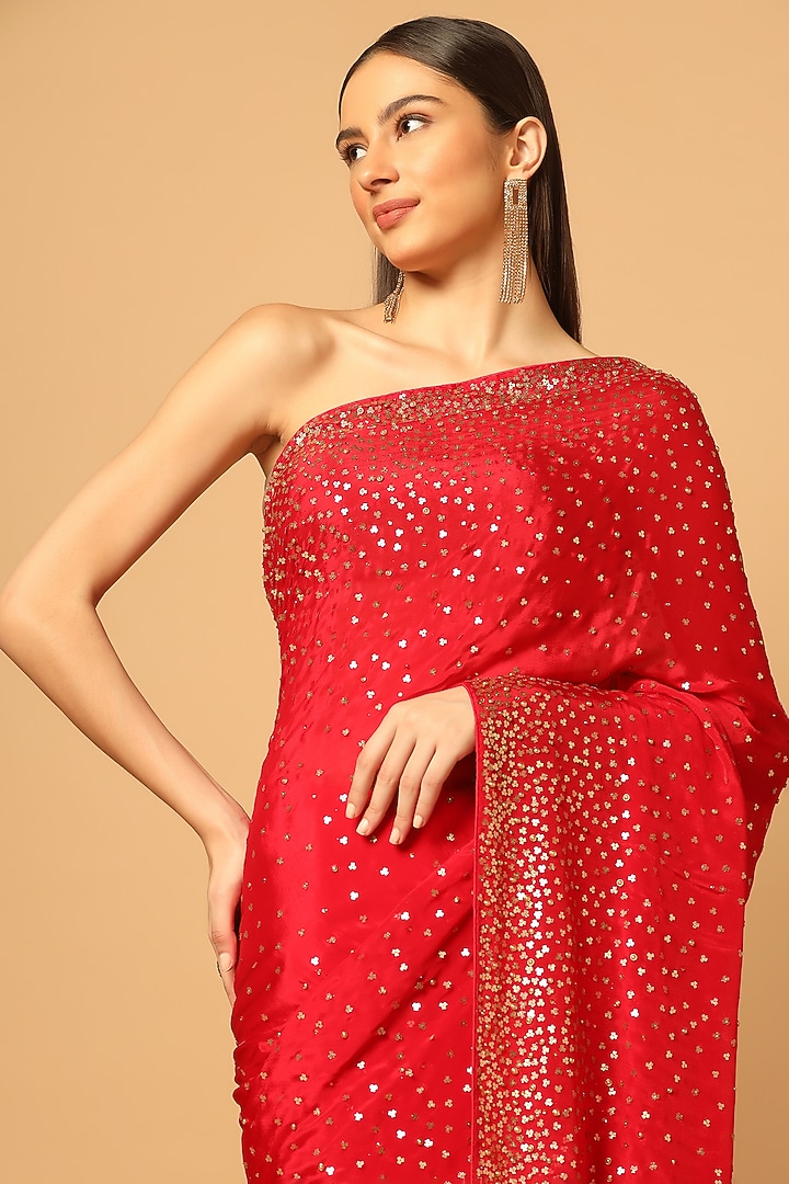 Red Chinon Hand Embroidered Wedding Saree Set by Two Sisters By Gyans at Pernia's Pop Up Shop