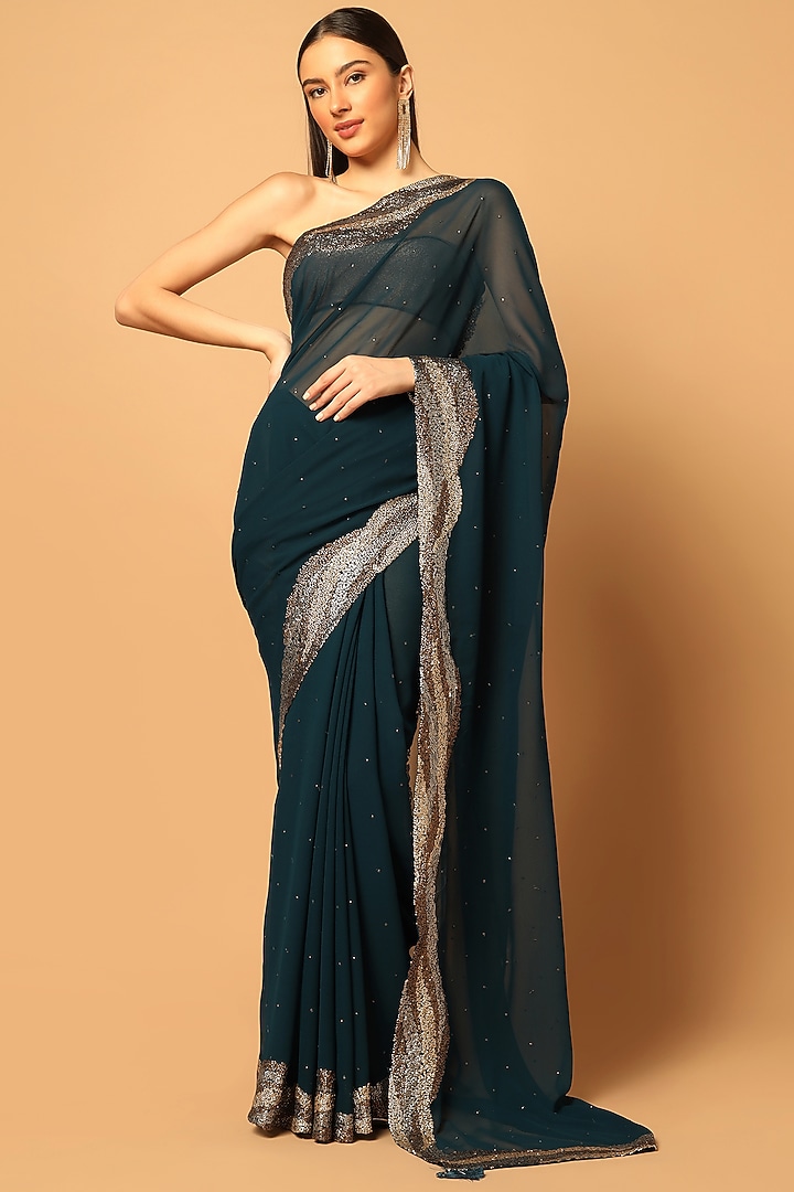 Teal Blue Georgette Embroidered Party Wear Saree Set by Two Sisters By Gyans at Pernia's Pop Up Shop