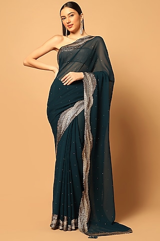 Teal Blue Georgette Embroidered Saree Set by Two Sisters By Gyans